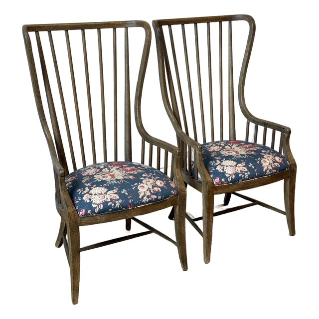 Hooker Furniture Sanctuary Tall Spindle Armchairs + Ralph Lauren Fabric, Pair For Sale