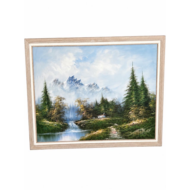 Signed Mountain, Cabin and Waterfall Landscape Painting on Canvas in Ribbed Frame For Sale - Image 10 of 10