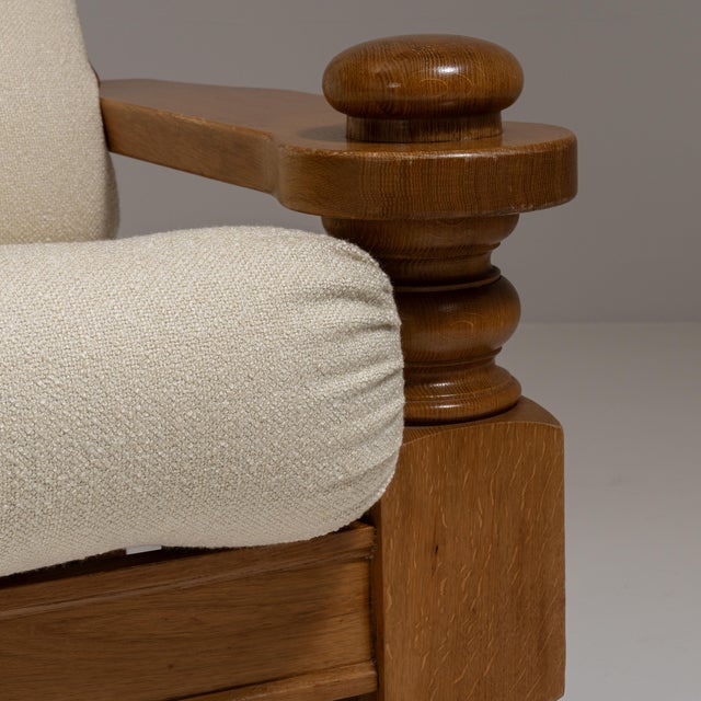 Pair of 1970s French Chestnut Brown Brutalist Oak Upholstered Armchairs For Sale - Image 14 of 15