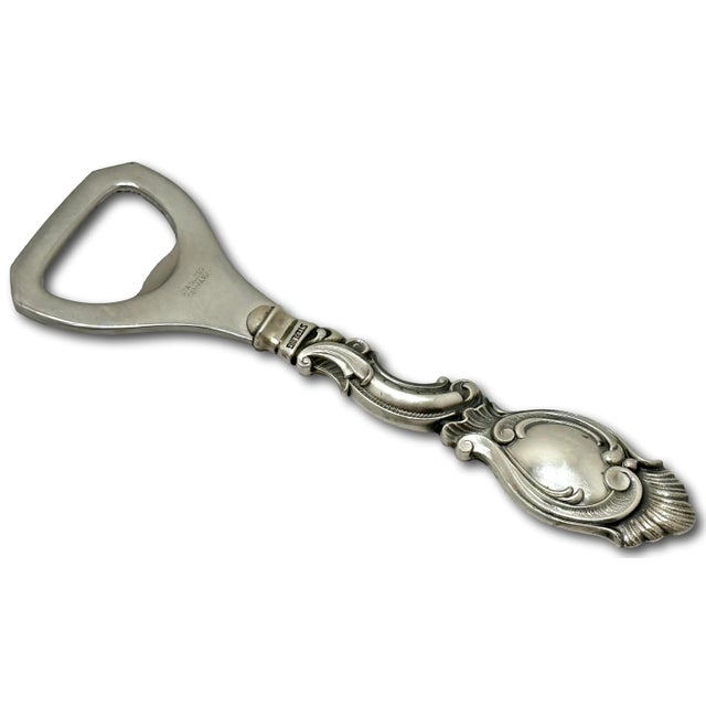 Fine Quality Vintage Mid 20th Century Rococo Style Sterling Silver Handle Bottle Opener From Denmark For Sale - Image 4 of 12
