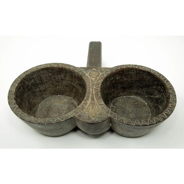 Antique Indian Teakwood Large Container With Rustic Carving and Spoon For Sale - Image 4 of 13