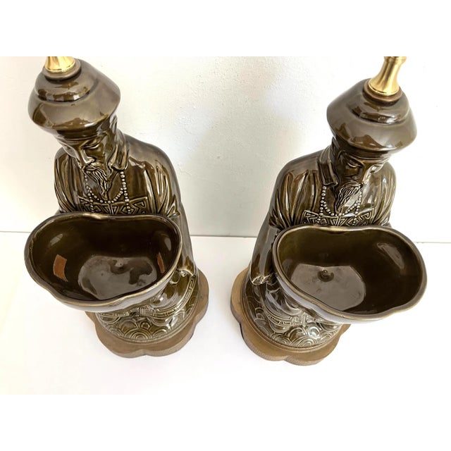 Olive 1960s Figurative Asian Planter Lamps & Shell Shades, Pair For Sale - Image 8 of 17