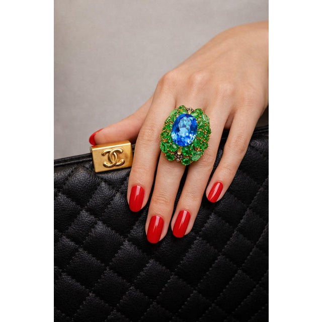 Bochic “Orient” Vintage Emeralds, Topaz & Diamonds Set In 18K Gold & Silver For Sale - Image 9 of 12