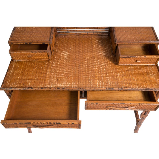 Camel Pagoda Writing Desk British Colonial Style Rattan & Grasscloth For Sale - Image 8 of 10