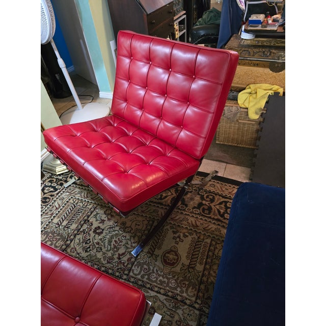 Red Attributed Knoll Barcelona Chair & Matching Ottoman – Early 1960s Chrome Frame, Custom Red Leather, Laurel Canyon Provenance For Sale - Image 8 of 15