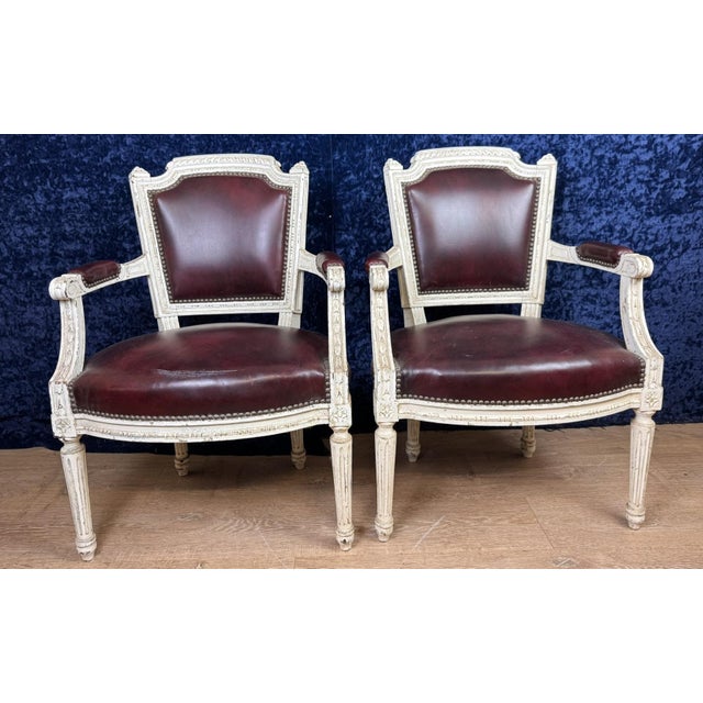 Louis XVI Convertible Armchairs in Lacquered Wood and Leather, 1850, Set of 2 For Sale - Image 9 of 10
