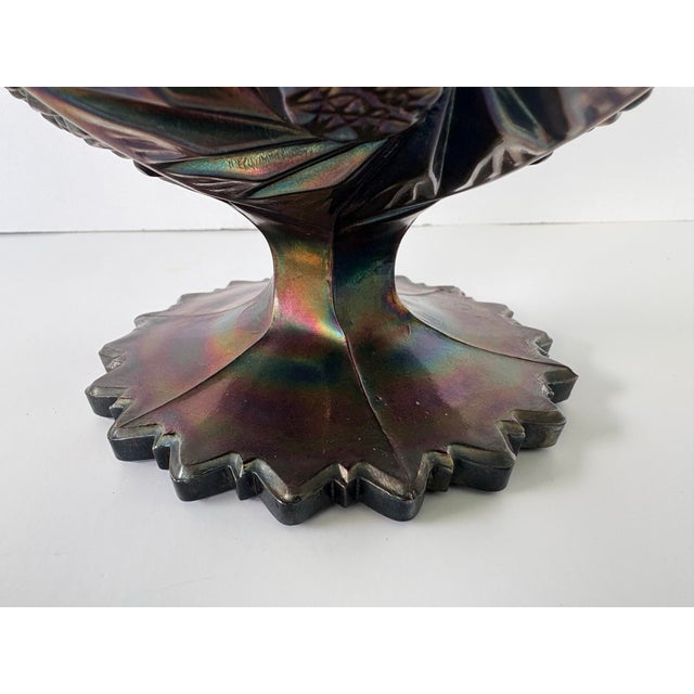Glass Vintage Fenton Amethyst Carnival Glass “Pinwheels” Pedestal Bowl With Sawtooth Rim For Sale - Image 7 of 10