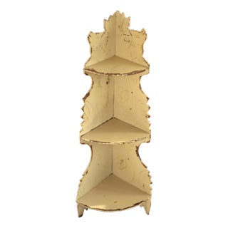 Yellow Folk Art Corner Shelf With Scroll Cuts and Dog Carvings From the 1930s For Sale