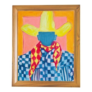 Tatiana Duperault Cowboy Original Oil Painting, Signed, Modern Western Portrait in Teak Wood Frame For Sale