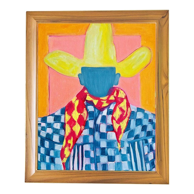 Tatiana Duperault Cowboy Original Oil Painting, Signed, Modern Western Portrait in Teak Wood Frame For Sale