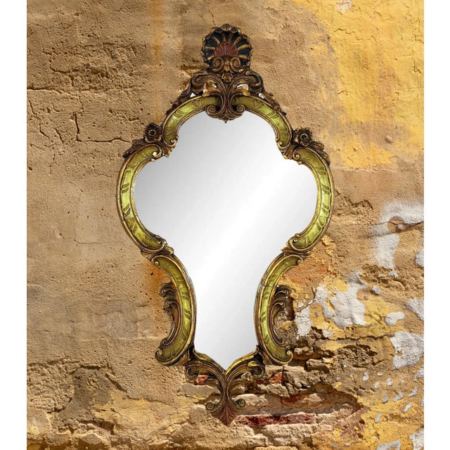 Wood Antique Venetian Rococo Gilt Wall Mirror With Olive Green Highlights, Grotto Style, Italy For Sale - Image 7 of 9