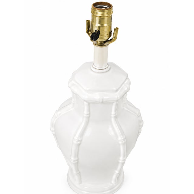 Vintage White Faux Bamboo Ceramic Table Lamp With Heath & Company Pleated Shade For Sale In Miami - Image 6 of 8