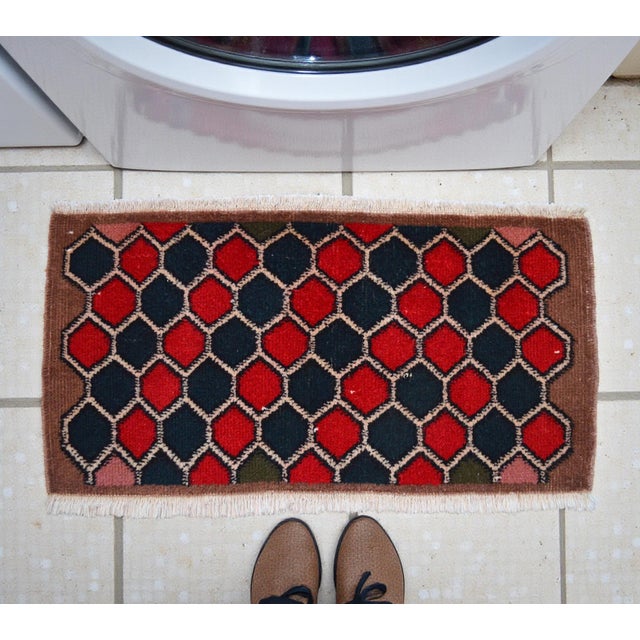 Hollywood Regency 1970s Hand Knotted Small Rug, Entryway Rug, Bath Mat, Kitchen Decor, Turkish Rug, Doormat 1'4" X 2'8" For Sale - Image 3 of 16