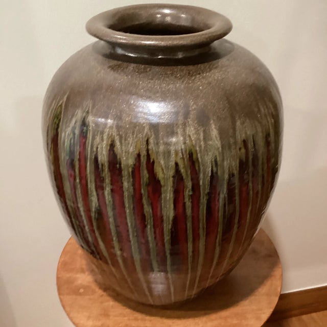 Vintage Exta Large Stoneware Iridescent Colors Drip Glaze Pottery Vase For Sale - Image 13 of 13
