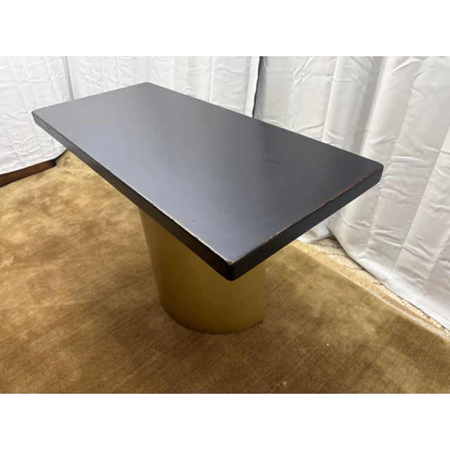 Wood Custom Console Table Attributed to Arhaus Distressed Black Painted Top | Gold Dauphine Pedestal Base For Sale - Image 7 of 18