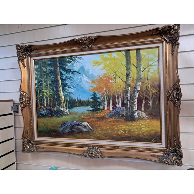 Large Vintage Woodland River Mountain Landscape, Oil Painting on Canvas, Gold Frame, Signed, 1980s For Sale - Image 9 of 18
