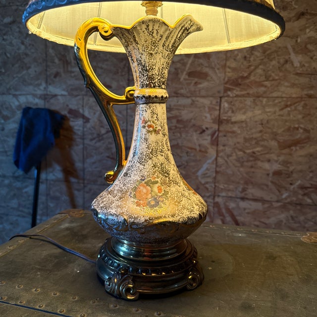 Ceramic Vintage Hollywood Regency Gilt Floral Porcelain Pitcher Lamp, 1940s–50s For Sale - Image 7 of 12