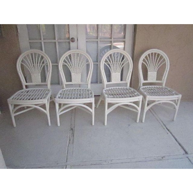 White 1970s Tropical Style Wicker Bamboo Dining Chair White With Cushion Set of 4 For Sale - Image 8 of 11