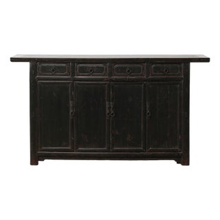 Vintage Distressed Black Lacquer Sideboard with Four Drawers and Four Doors For Sale