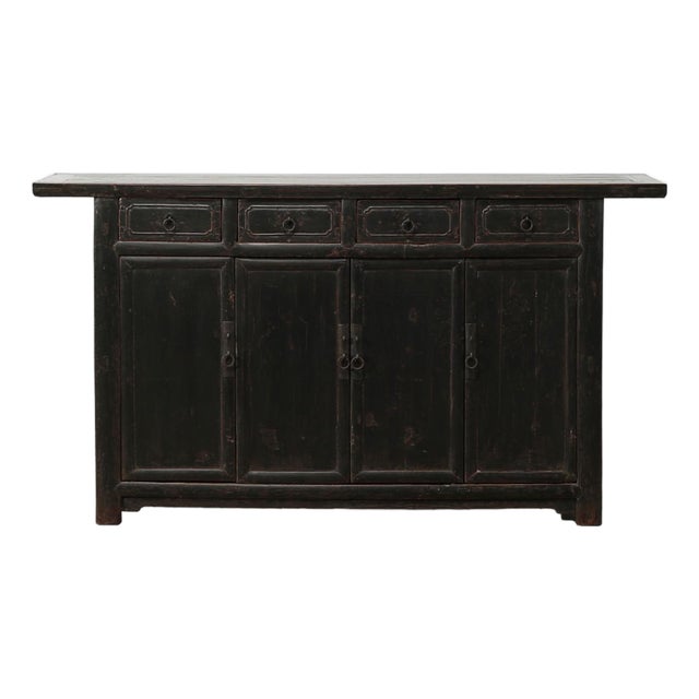 Vintage Distressed Black Lacquer Sideboard with Four Drawers and Four Doors For Sale