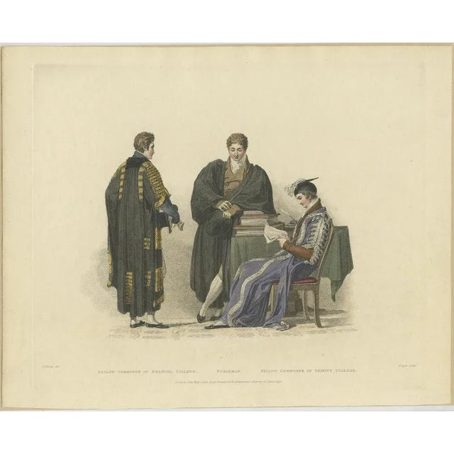 Antique print titled 'fellow commoner of emanuel college - nobleman - fellow commoner of trinity college'. Portraits of a...
