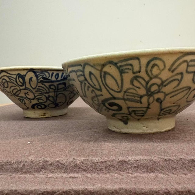Rustic Pair of Hand-Painted Vietnamese Folk Pottery Bowls For Sale - Image 3 of 12