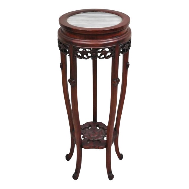 Vintage Chinoiserie Chinese Carved Hardwood Marble Top Pedestal Plant Stand For Sale