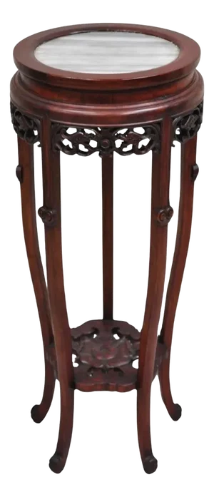 Vintage Chinoiserie Chinese Carved Hardwood Marble Top Pedestal Plant Stand