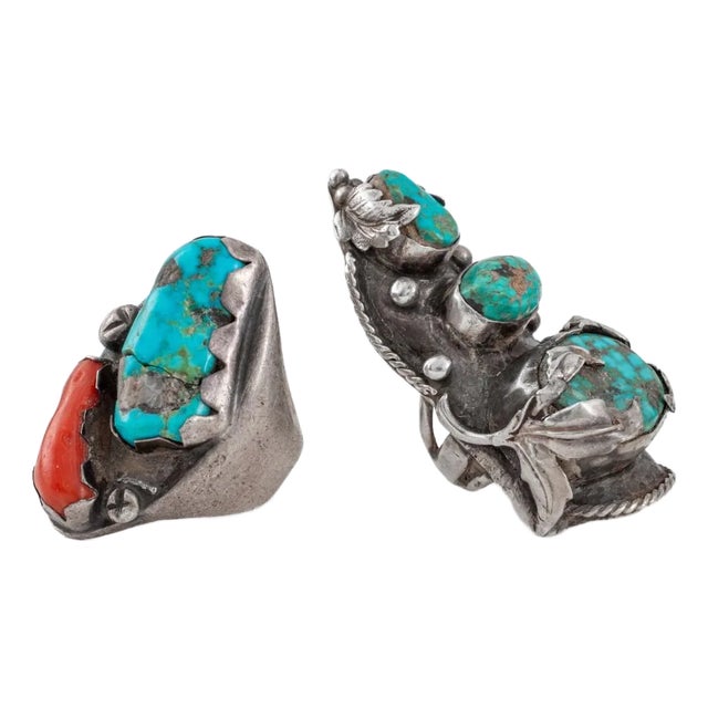 Set of Two Navajo Dine Silver Turquoise Statement Rings For Sale