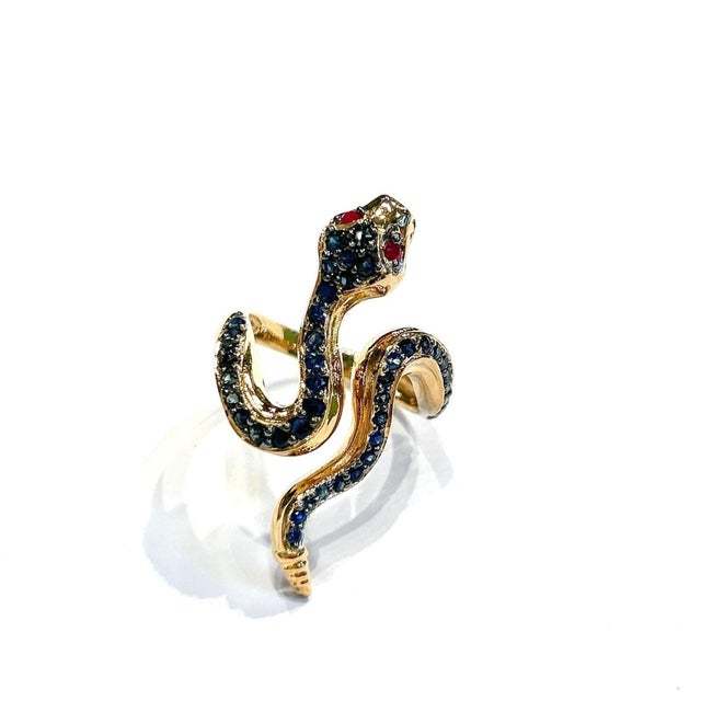 Ruby Red Bochic "Orient" Vintage Black Diamond & Ruby Serpent Ring In 18K Gold & Silver For Sale - Image 8 of 18