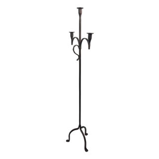 Hand Forged Iron Floor Candelabra 50″ (126cm) Antique Copper Patina 3-Arm Slim Corner Design Rustic Decor For Sale