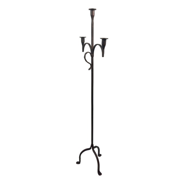 Hand Forged Iron Floor Candelabra 50″ (126cm) Antique Copper Patina 3-Arm Slim Corner Design Rustic Decor For Sale