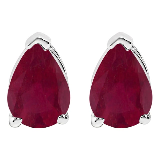 14K White Gold 6x4MM Pear Shaped Red Ruby Solitaire Stud Earrings For Sale