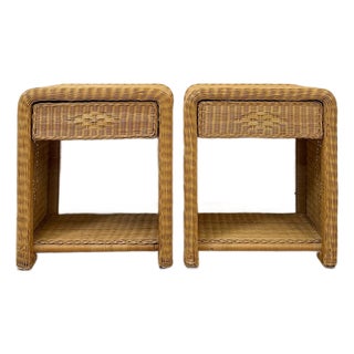 Pair of Vintage Wicker Arched Nightstands Coastal Regency Bedside Tables For Sale