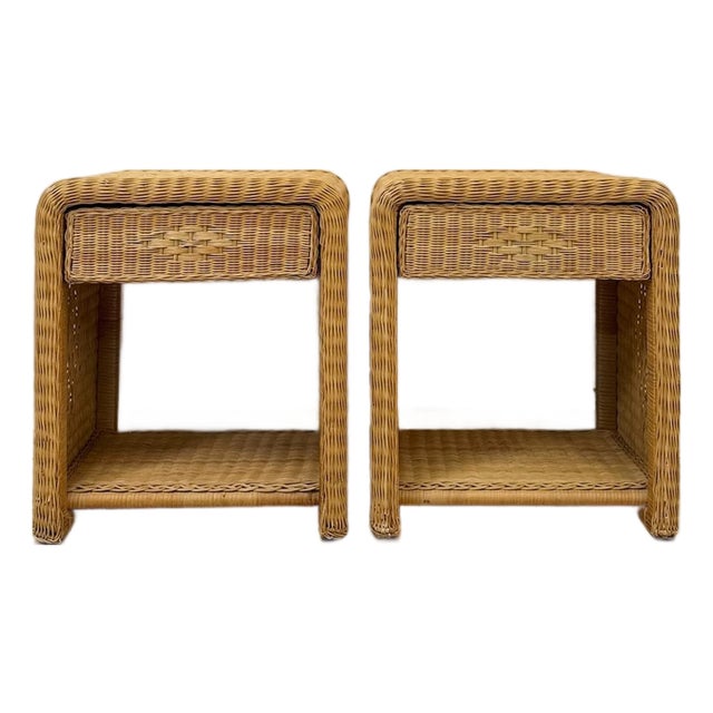 Pair of Vintage Wicker Arched Nightstands Coastal Regency Bedside Tables For Sale