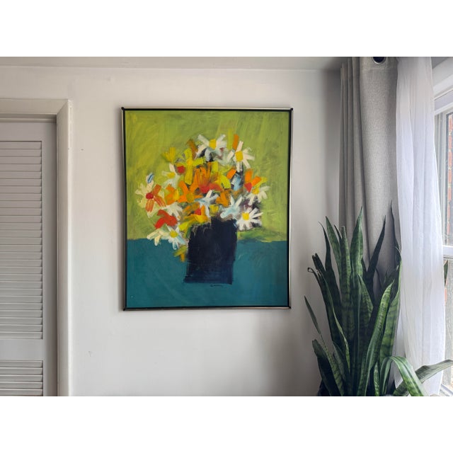 Vibrant and expressive, this mid-century modern (or contemporary-style) abstract floral painting features a bouquet of...