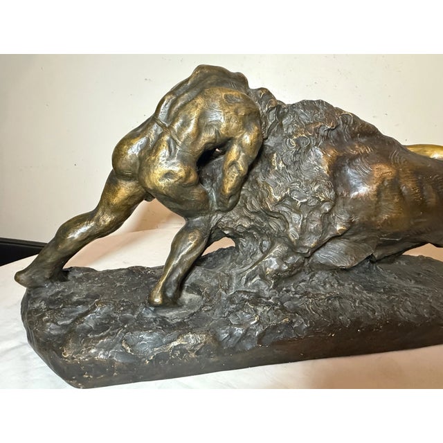 Sculpture Materials Huge Antique R Aurili Italian Hercules Bull Lady Bronze Patinated Plaster Statue For Sale - Image 7 of 18