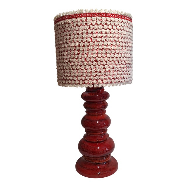 Large Vintage German Table Lamp with Red Ceramic Base and Handmade Fabric Shade from Lamplove, 1970s For Sale