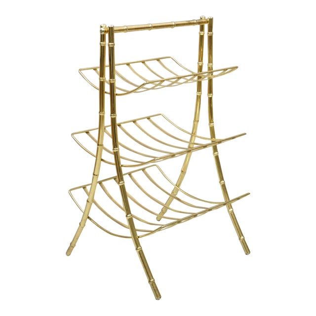 Late 20th Century Vintage Gold Metal Faux Bamboo 3 Tier Hollywood Regency Magazine Rack Stand For Sale