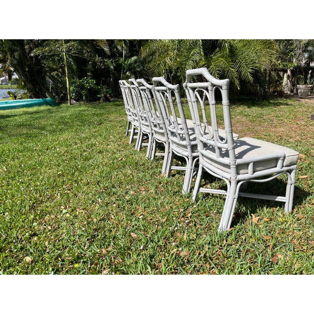 Wood 1980s Set of 6 Pagoda Dining Chairs by Ficks Reed-High Quality Bamboo and Rattan Side Chairs With Leather Binding For Sale - Image 7 of 12