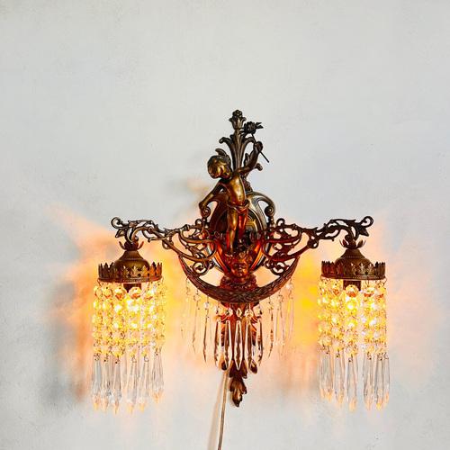 French Cherub Wall Sconce with 2 Arms and Crystals Lampshade For Sale - Image 4 of 4