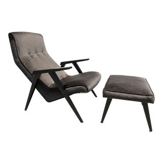 1960s Vintage Italian Velvet Lounge Chair & Ottoman For Sale