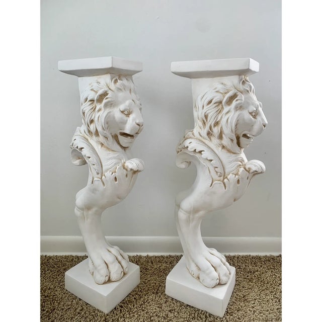 Grand Tour Pair of Grand Tour Roman Lion Pedestals in Distressed White Plaster For Sale - Image 3 of 13