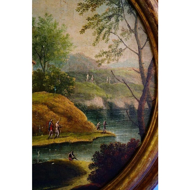 Lake Landscape, 18th Century, Oil Painting on Circular Panel, Framed For Sale - Image 6 of 14