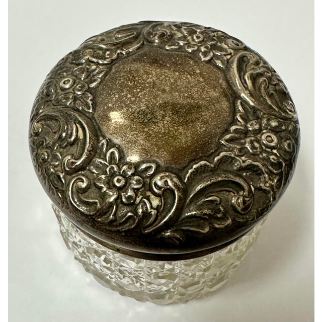 Transparent Antique Late 19th Century English Hand Cut Crystal and Sterling Silver Vanity Jar For Sale - Image 8 of 12