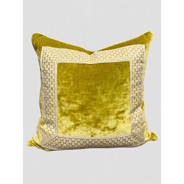Shabby Chic Yellow Velvet & Embroidered Tape Throw Pillow Pair For Sale - Image 3 of 7