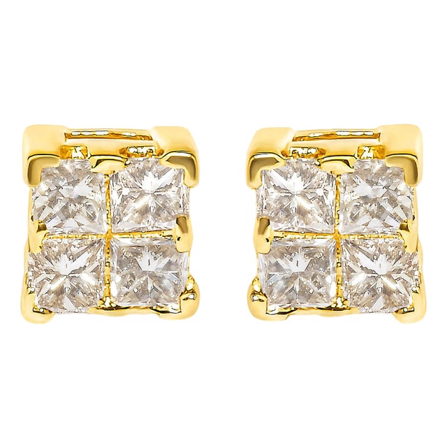 14K Yellow Gold 1/4 Cttw Invisible Set Princess-Cut Diamond Square Stud Earring (J-K Color, I1-I2 Clarity) For Sale