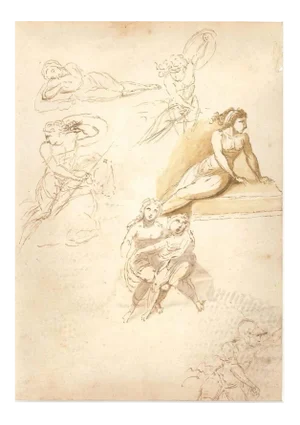 Studies on Women Figures - Original Ink Drawing by Anonymous Italian Artist 1800 First half of 19th Century