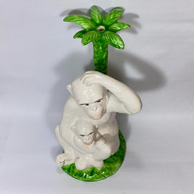 Ivory Vintage Majolica Monkey Pair With Palm Tree, Italy, 16” Tall For Sale - Image 8 of 12