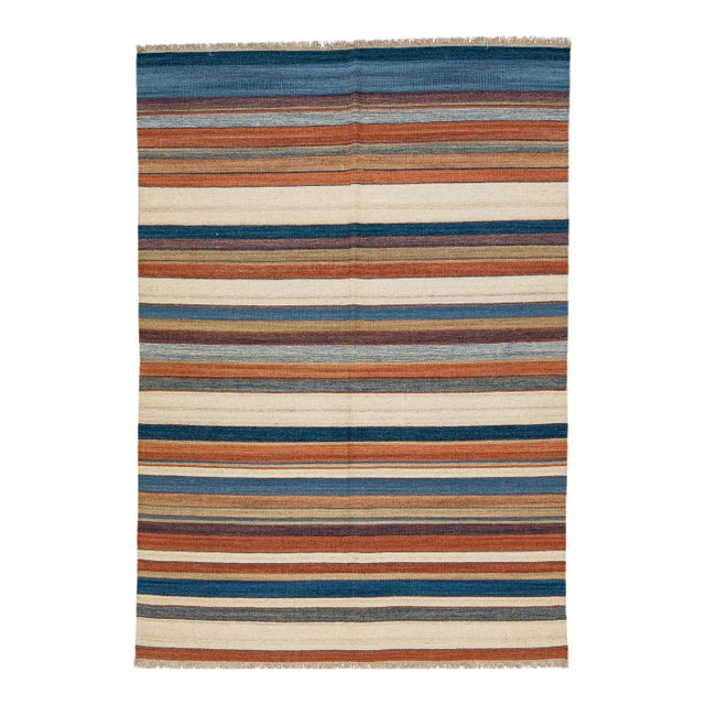 2020s Modern Kilim Handmade Multicolor Geometric Wool Rug For Sale